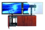 AVTEQ 3-Bay Credenza. Supports Single Display up to 103in. Dual Displays up to 80in. . Includes 12RU Sliding Rotating Rack. Choice of Veneer (V) Finish.