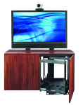 2-Bay Credenza. Supports a single display up to 85in  or dual displays up to 70in  Includes 12RU sliding  rotating rack. Choice of veneer (V) finish  TAA compliant