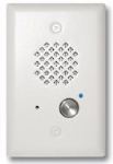 Satin White Entry Phone with Automatic Disconnect and Blue LED Flush Mounts in Single Gang Box or Surface Mount with an Optional VE-3x5 with Enhanced Weather Protection (EWP)