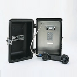 Heavy Duty Weatherproof Stainless Steel Phone in a Cast Aluminum Black Housing with TELEPHONE on Door & Pin Latch for Wall or Pole Mount Designed for Keypad Dialing with Call Restrictions